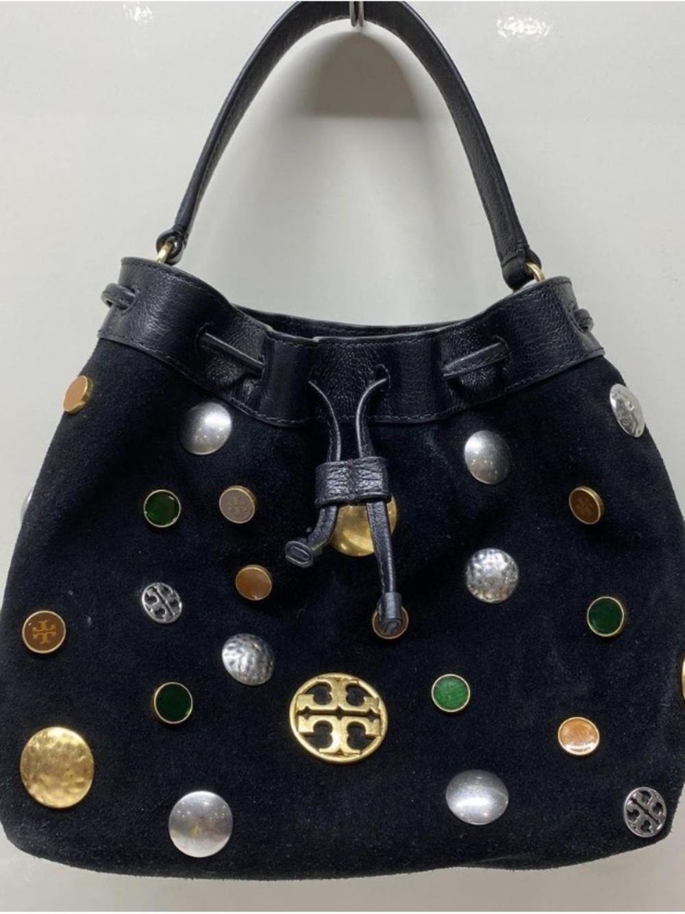 Vintage Tory Burch Black Suede Drawstring Shoulder Bag with Mixed Metal Studs